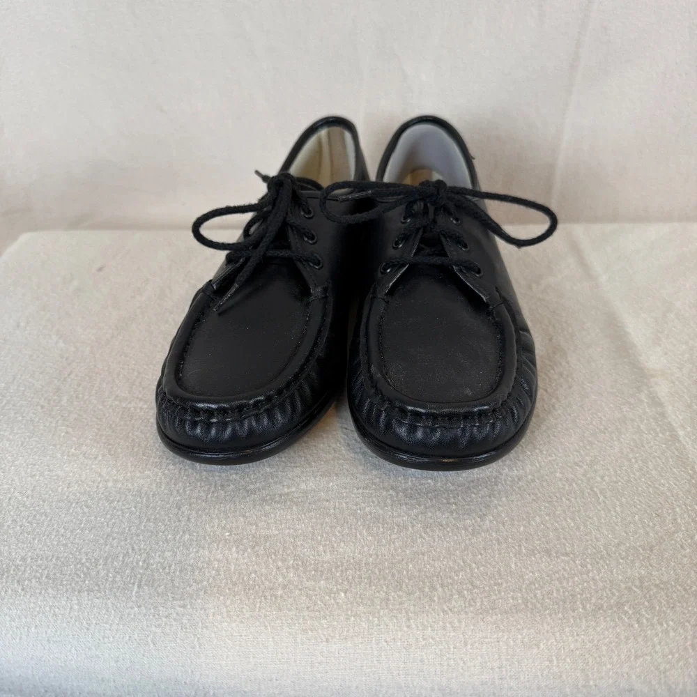 SAS Siesta Womens 10 N Black Leather Lace Up Moc Toe Walking Shoes Loafers‎ USA